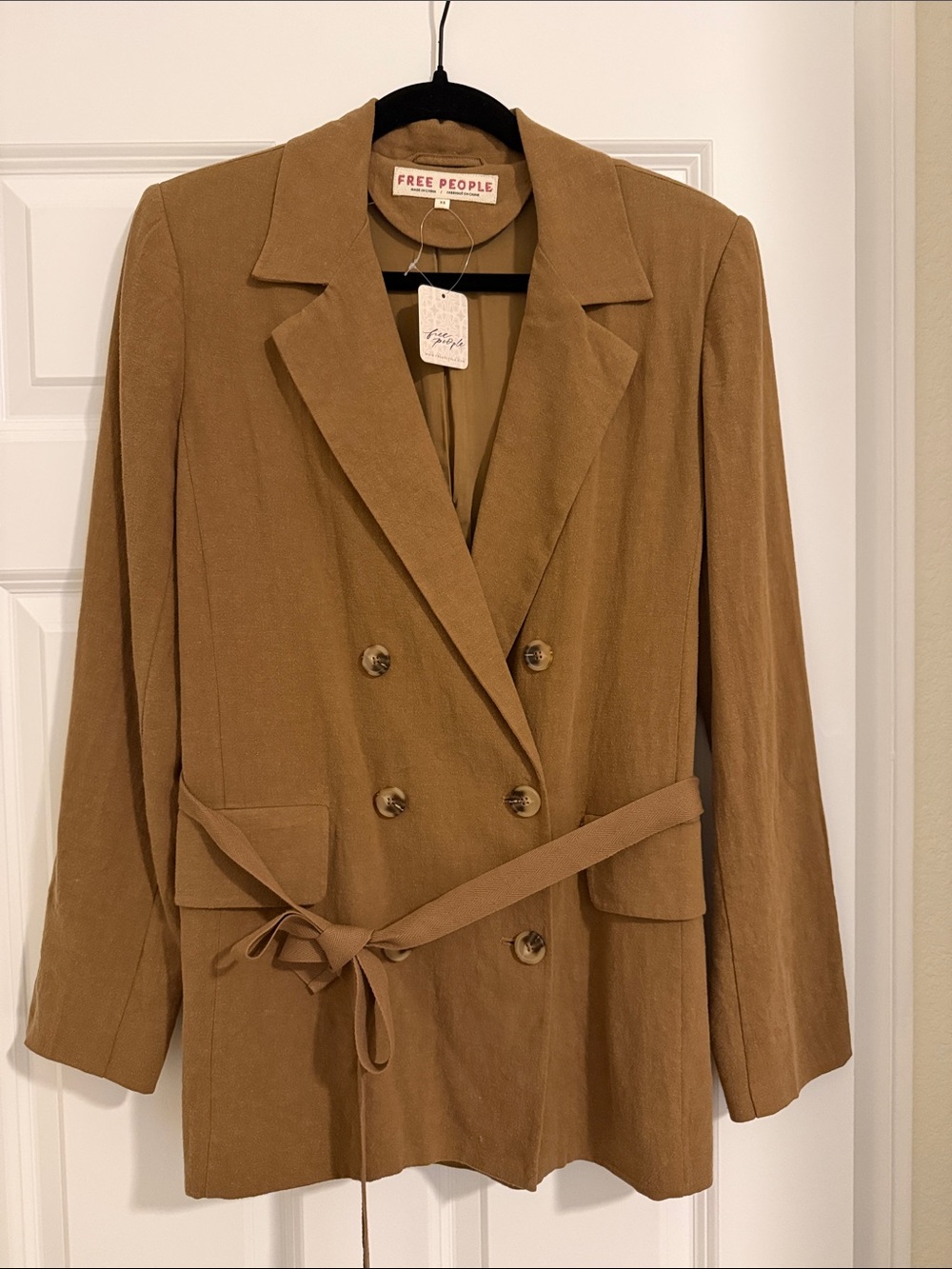 Free People Camel Double-Breasted Belted Blazer